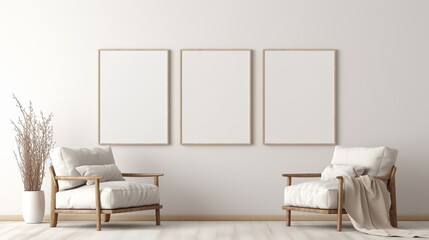 3 Blank poster wooden mock up frames on the wall in living room interior.