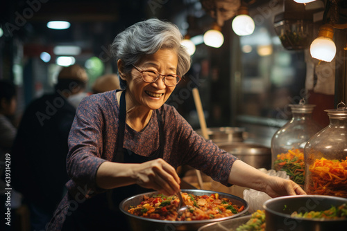 Happy senior asian woman cooking typical dishes at local market - Generative AI