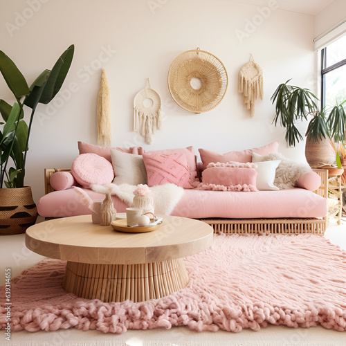 Boho living room with pink cozy sofa. Light cozy room interior with plants, wooden decorations and fluffy carpet