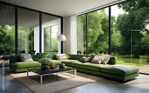 Modern stylish living room with green couch. Room interior with big windows and trees outside.