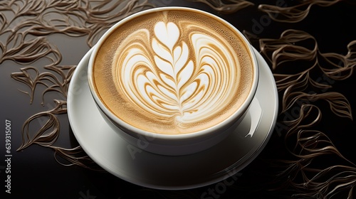 a cup of latte adorned with intricate latte art. Zoom in to showcase the artistry that turns a simple beverage into a work of visual delight, , generative AI a cup of latte adorned with intricate latt