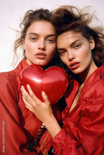 two women/models/girlfriends in magazine red heart valentines day editorial fashion/beauty roses photo shoot film photography look - generative ai art