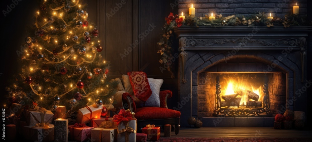 Obraz premium Cozy holiday ambiance with a glowing Christmas tree and fireplace.