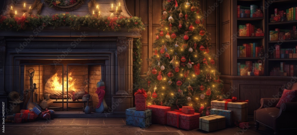 Warm and inviting setting with a glowing Christmas tree and fireplace.