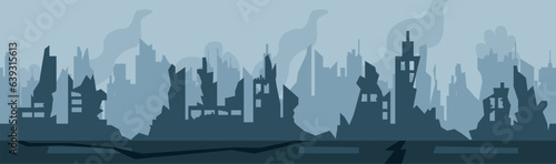 Destroyed city concept landscape background illustration, building between the ruins and concrete with bomb explosions, war destruction panorama