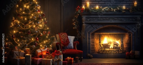 Cozy holiday ambiance with a glowing Christmas tree and fireplace.