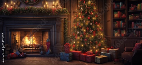 Warm and inviting setting with a glowing Christmas tree and fireplace.