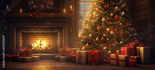 Warm and inviting setting with a glowing Christmas tree and fireplace.