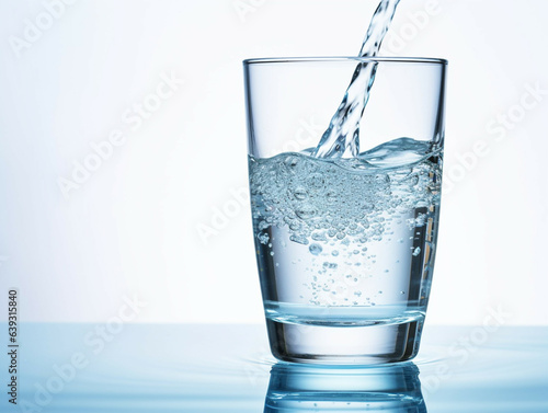Water pouring into glass on white background, water splashing in glass.