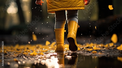 Blissful Innocence: A Serene Moment of Childhood Delight, as a Child in Bright Yellow Rain Boots Finds Joy in a Puddle Amidst Nature's Soft Glow