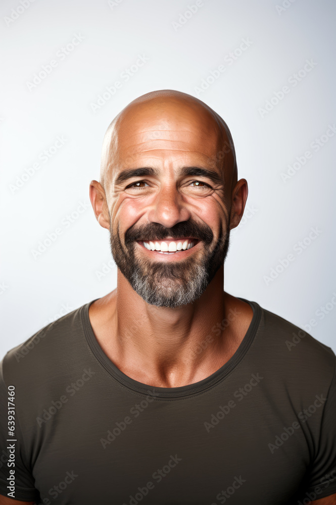 Smiling middle-aged bald man with beard portrait, wearing t-shirt Smiling middle-aged bald man with beard portrait, wearing t-shirt