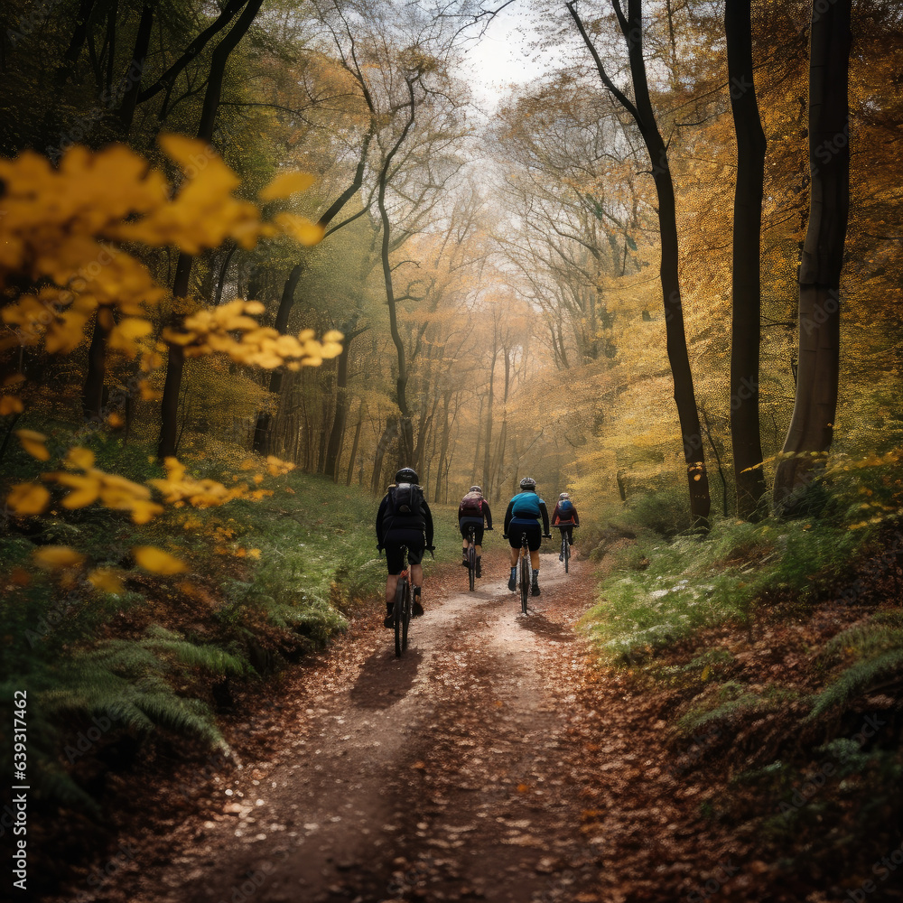 People cycling through autumn forest