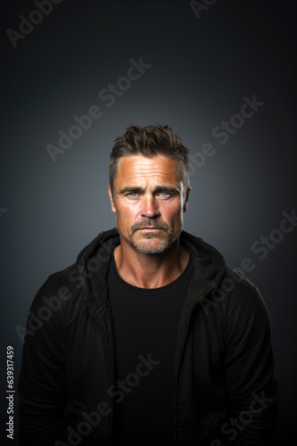 Middle-aged handsome and confident man portrait on black