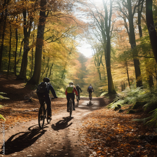People cycling through autumn forest