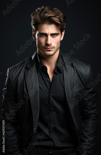 Mysterious handsome young man in black suit