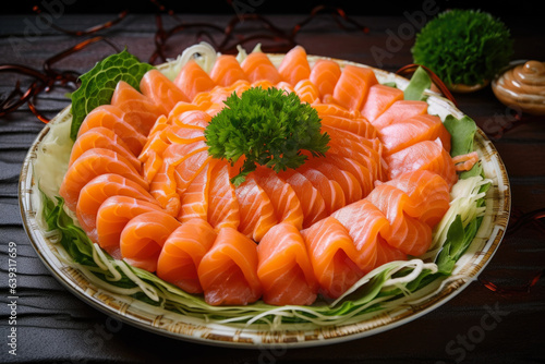 A close-up of succulent salmon sashimi arranged in a circular pattern, accompanied by a side dish of pickled ginger, captures the essence of this appetizing photo