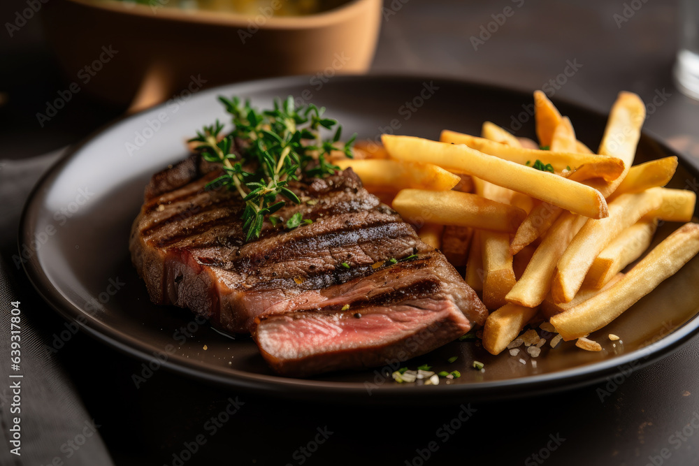 A delightful dish of steak frites, featuring a flawlessly seared medium-rare steak atop crispy fries, adorned with a sprig of thyme
