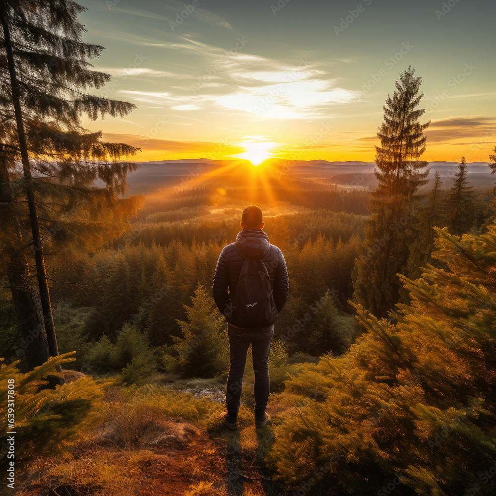 Person looking over a forest from a cliff Person looking over a forest from a cliff