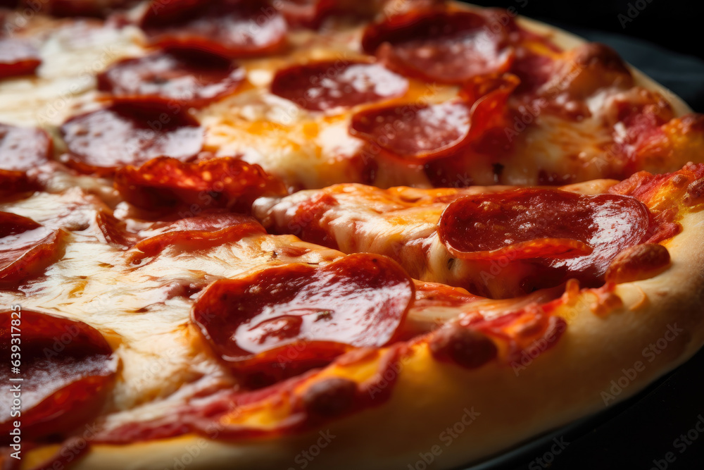 A mouthwatering close-up of a piping hot pepperoni pizza, oozing with melted cheese and boasting a golden crust, straight out of the oven A mouthwatering close-up of a piping hot pepperoni pizza, oozing with melted cheese and boasting a golden crust, straight out of the oven