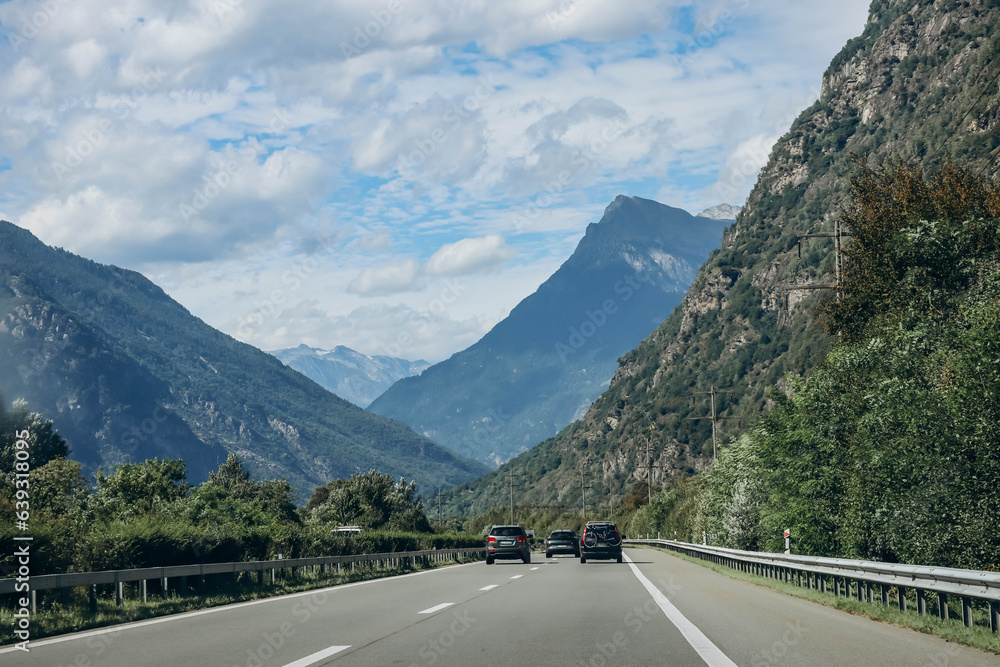 Lucerne, Switzerland - August 9, 2023: Highway in Switzerland overlooking the Alps