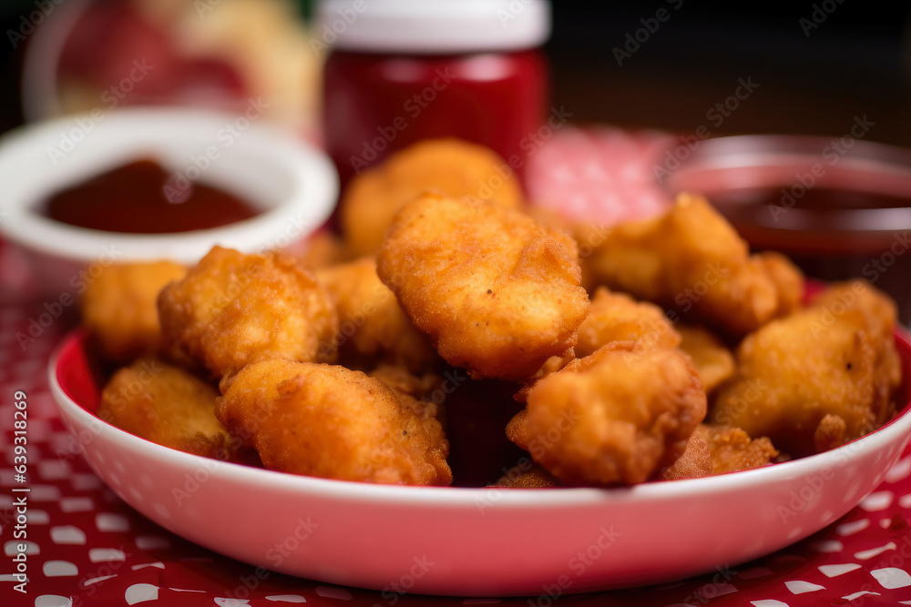 A close-up of crispy fried chicken nuggets served on a red checkered plate, accompanied by BBQ dipping sauce, beautifully captured in this macro shot A close-up of crispy fried chicken nuggets served on a red checkered plate, accompanied by BBQ dipping sauce, beautifully captured in this macro shot