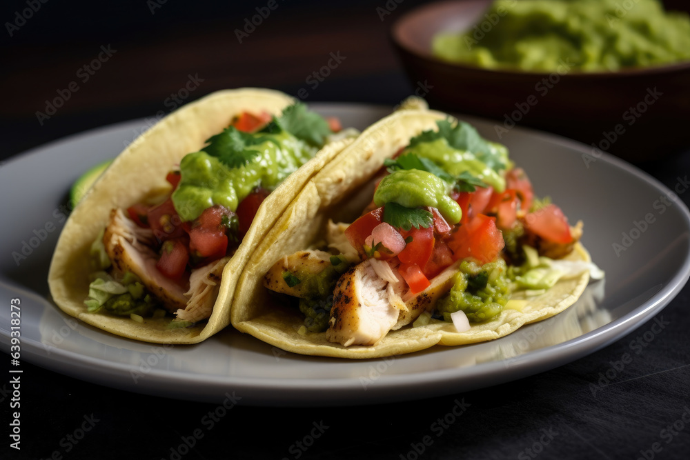 These delectable chicken tacos are topped with fresh guacamole and salsa verde, making them absolutely mouthwatering These delectable chicken tacos are topped with fresh guacamole and salsa verde, making them absolutely mouthwatering