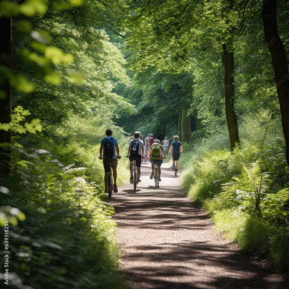 People cycling through the forest People cycling through the forest