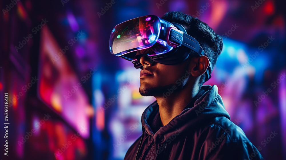 Tech Enthusiast in Action: Wearing VR Metaverse Headset Tech Enthusiast in Action: Wearing VR Metaverse Headset