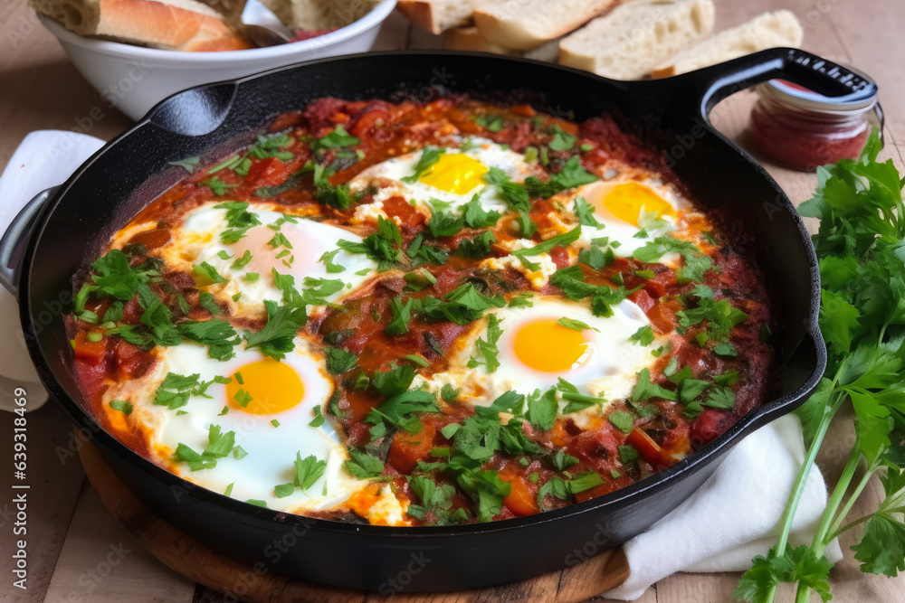 A delicious Spicy Shakshuka cooked in a Cast Iron Skillet, garnished with Fresh Herbs, and served alongside Crusty Bread A delicious Spicy Shakshuka cooked in a Cast Iron Skillet, garnished with Fresh Herbs, and served alongside Crusty Bread