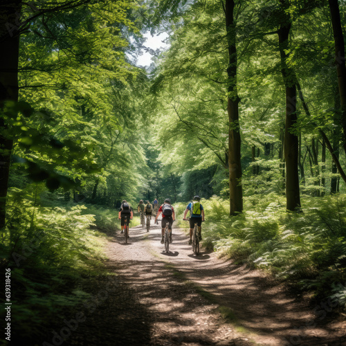 People cycling through the forest