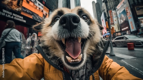 Close up portrait of a cheerful dog taking selfie over city background. Generative Ai.