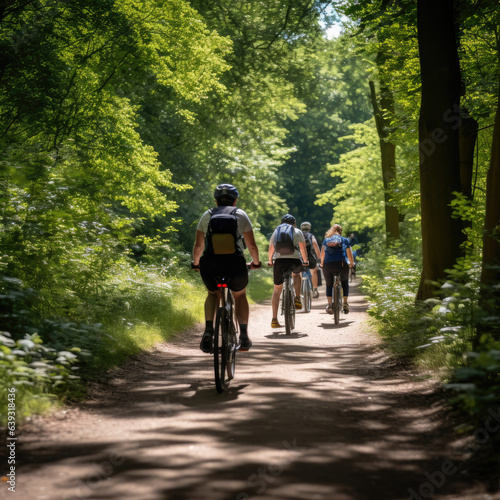 People cycling through a forest