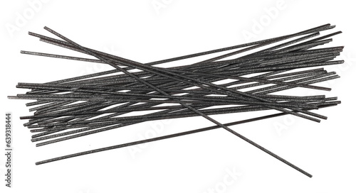 Black rice noodles, organic dried black and brown rice pasta isolated on white, top view