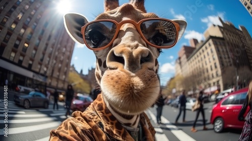 Close up portrait of a cheerful cute giraffe wear sunglasses and taking a selfie over city background. Generative Ai.