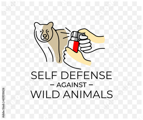 Self defense against wild animals, bear and bear spray, colored graphic design. Grizzly, bear attack, forest, nature, hiking and camping, vector design and illustration