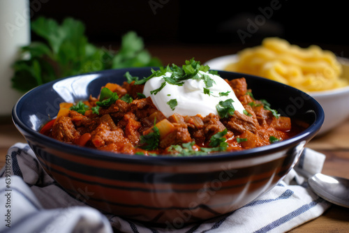 A close-up of a steaming bowl of Goulash, with sour cream, paprika, and chopped parsley sprinkled on top