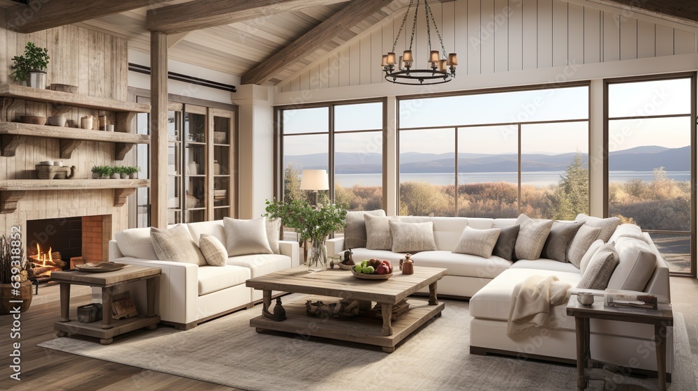 Farmhouse Style Living Room - Cozy Shiplap Wall Decor and Rustic Accents, generative Ai