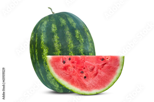 One piece of ripe watermelon stands next to a whole large watermelon. Isolation on a transparent background.