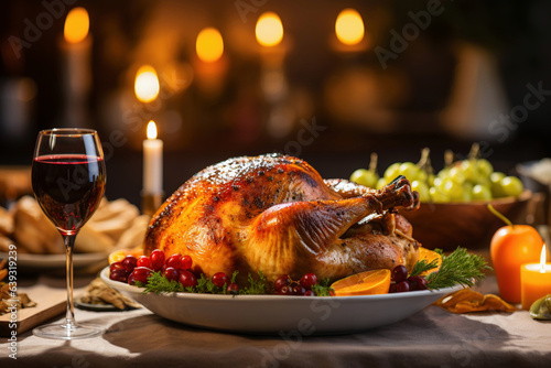 Leinwand Poster Thanksgiving day dinner, roasted turkey - Generative AI
