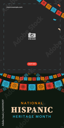 Hispanic heritage month. Abstract flag ornament banner design, retro style with text, geometry