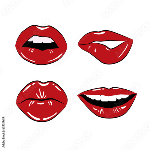 Red lips sticker patch. Expression makeup with sexy kisses and smile for colorful pop design and open vector beauty collection
