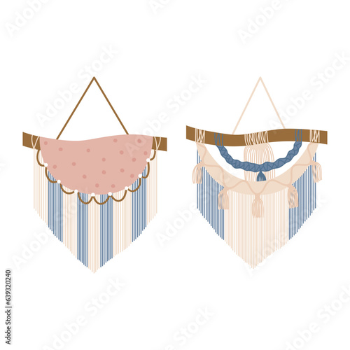 Handmade Macrame Wall Hanging Design Illustration. Macrame Wall Hangings Of Elegant Handmade Home Decoration Made Of Cotton Cord Isolated In White