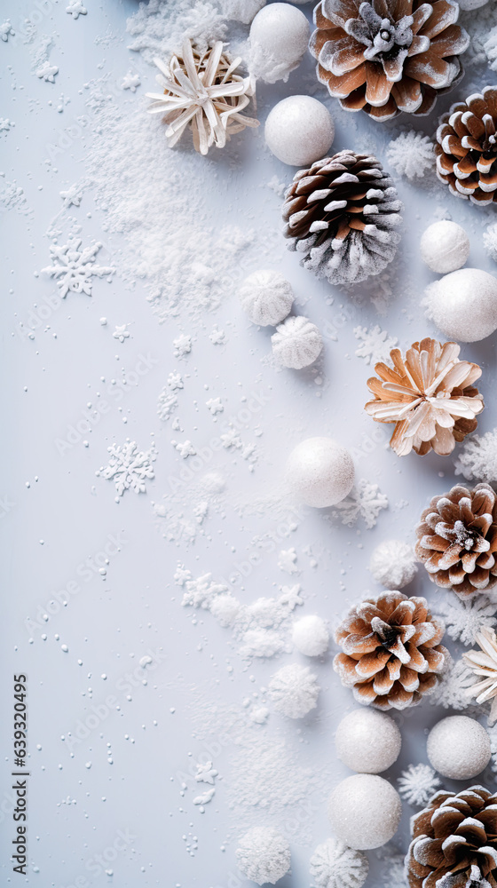Christmas decor background with pine cones and snow. Christmas decor background with pine cones and snow.