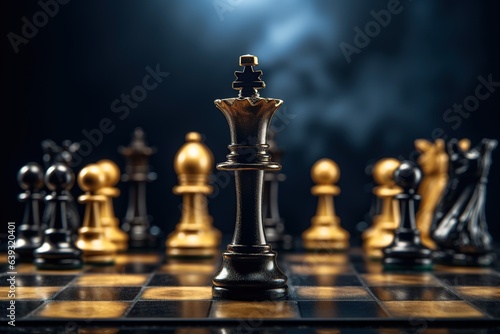 Black king winner surrounded with black gold chess pieces on chess board game competition. concept strategy, leadership and success business, Generative Ai