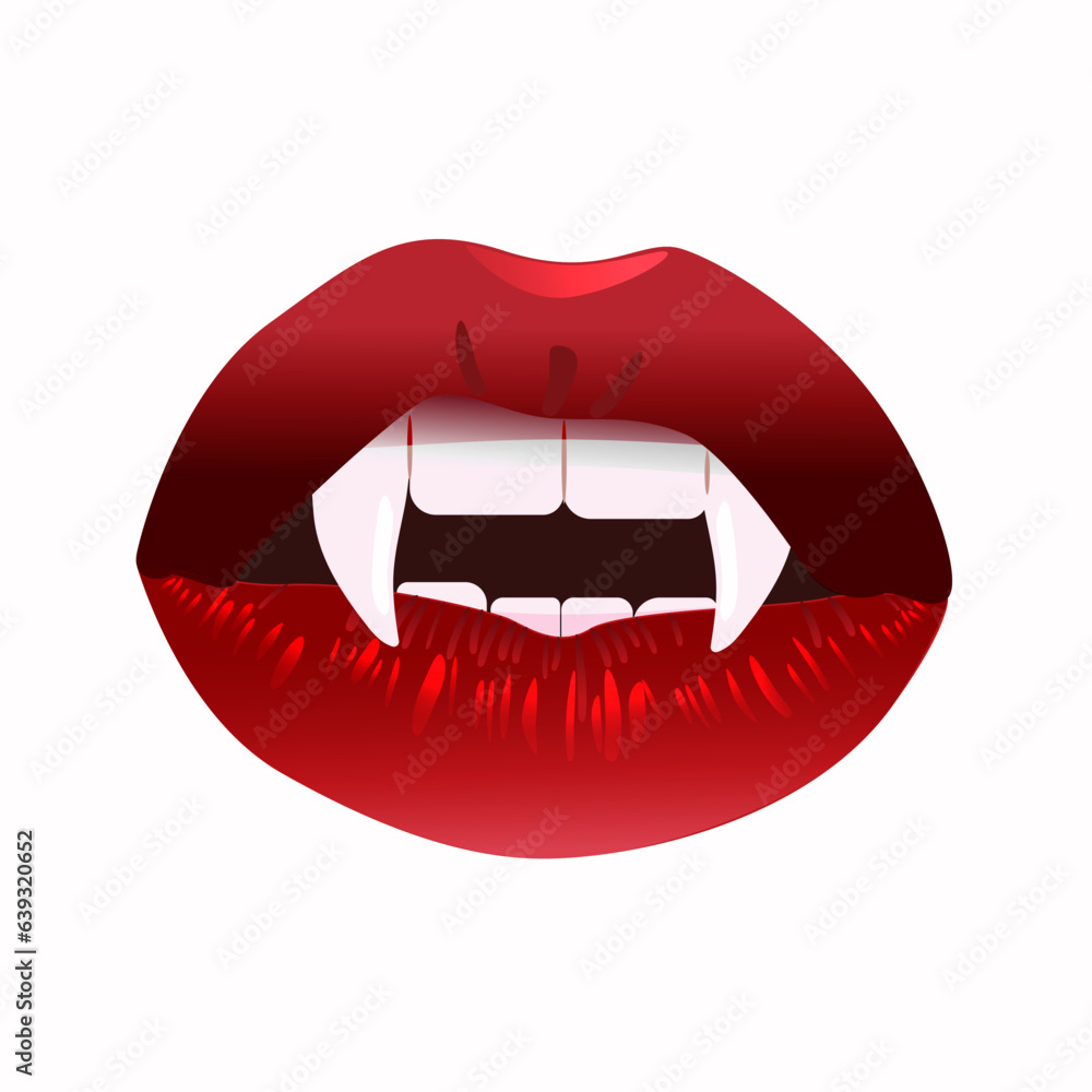 Lips with vampire fangs. Evil dracula grin with blood red kiss and glam gothic vector halloween design