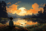 a little boy standing in the twilight background cartoon illustration
