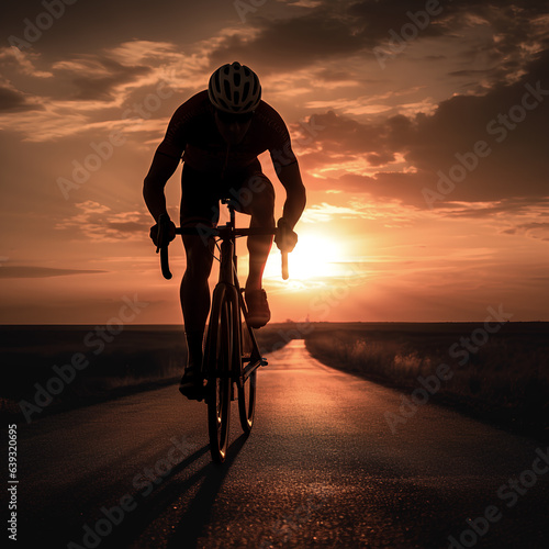 Silhouette of a professional cyclist pedaling during a sunset on the road. Cycling and triathlon concept © gonzagon