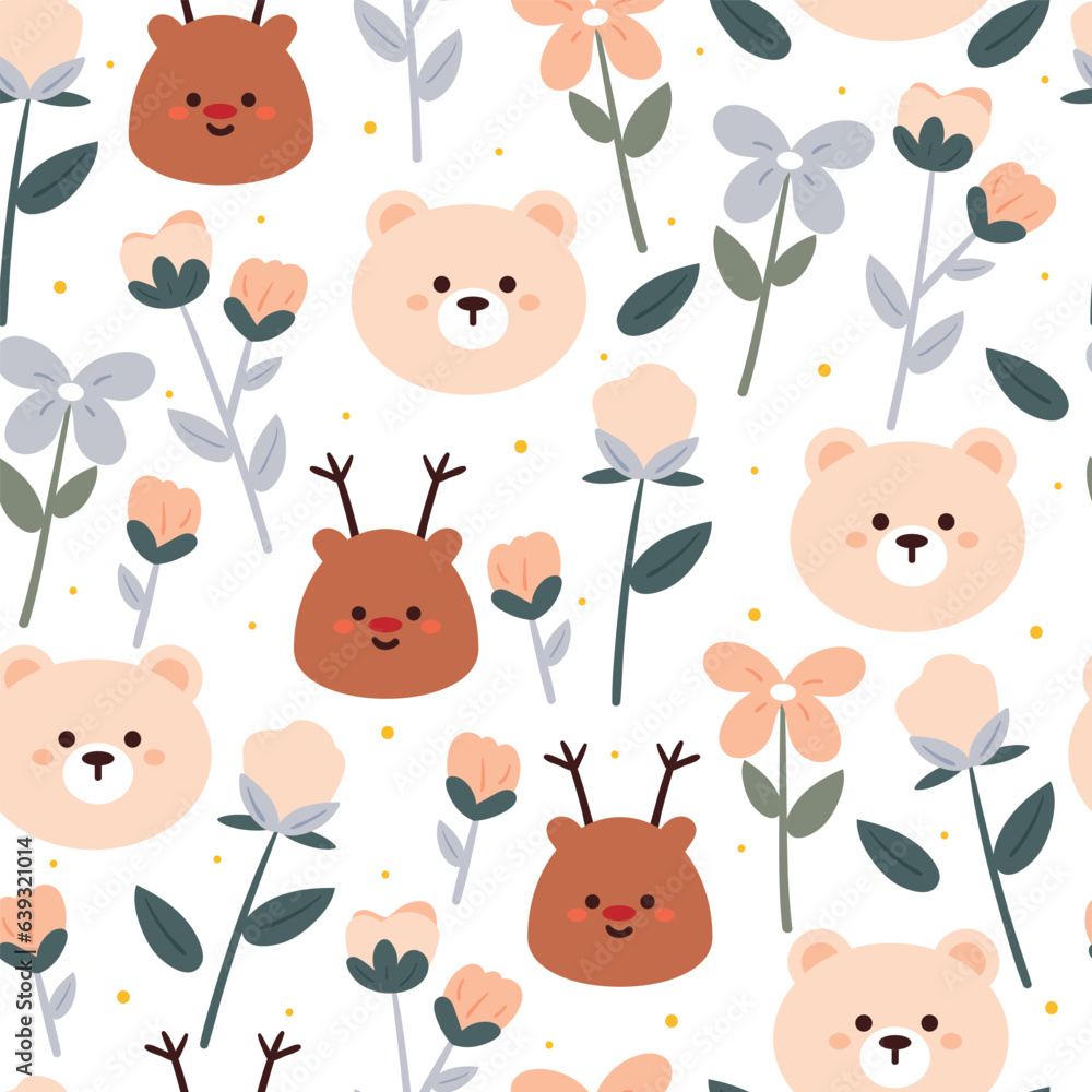 Fototapeta premium seamless pattern hand drawing cartoon bear, deer and flower. for kids wallpaper, textile, fabric print, gift wrapping paper