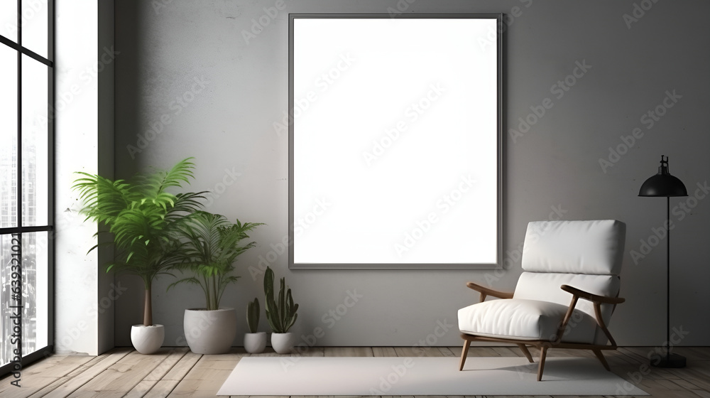 Room interior with blank photo frame on wall Room interior with blank photo frame on wall