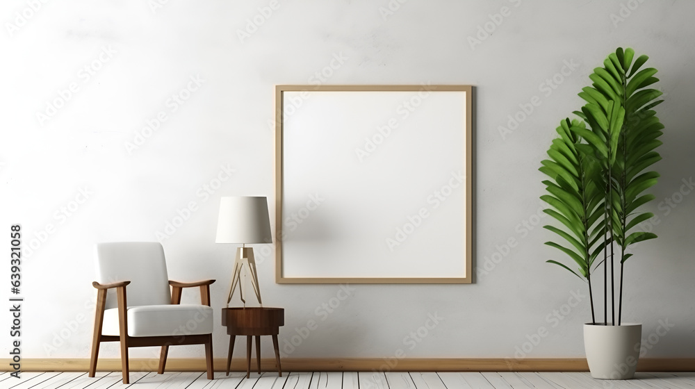 Room interior with blank photo frame on wall Room interior with blank photo frame on wall